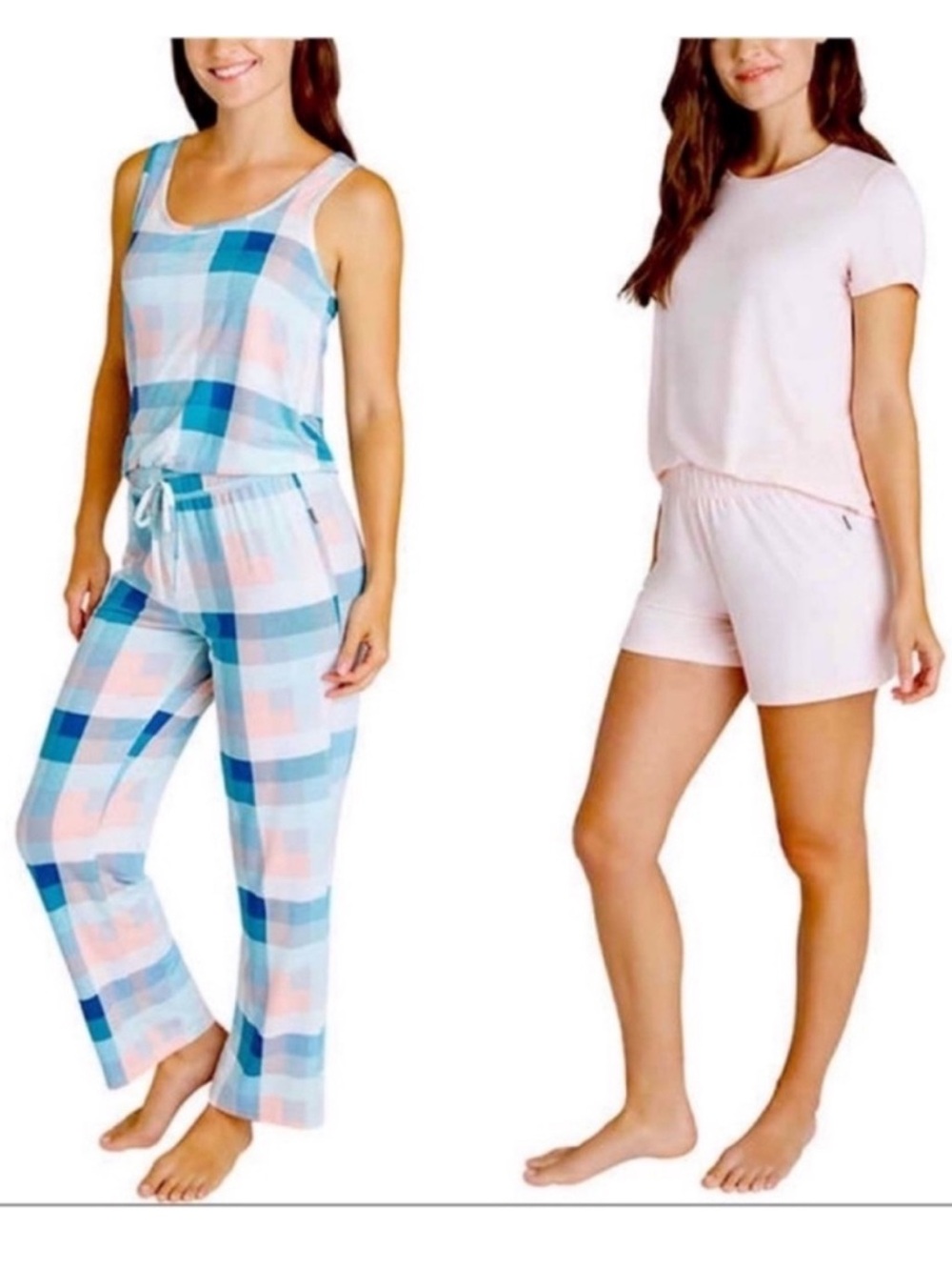 NWT Eddie Bauer Ladies 4-Piece Pajama Set TEAL - size L checks summer comfy soft
